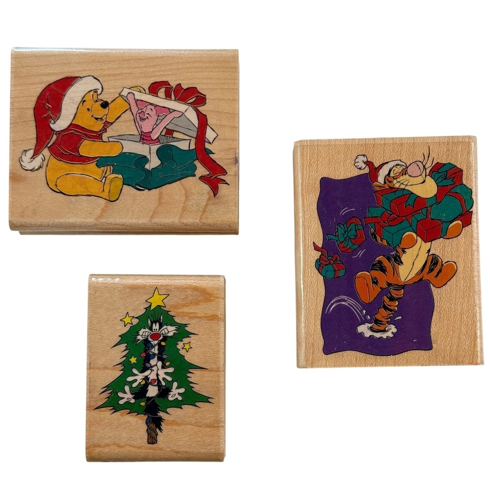 Disney Rubber Stamps Christmas Winnie Pooh Tigger Sylvester Wood Set of 3